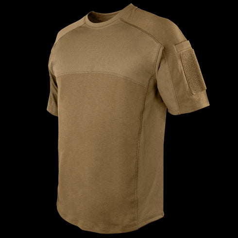 The Condor Trident Short Sleeve Battle Top is a brown tactical shirt with reinforced stitching and a Velcro patch on the left sleeve, designed for military or first responder use, displayed on a plain background.